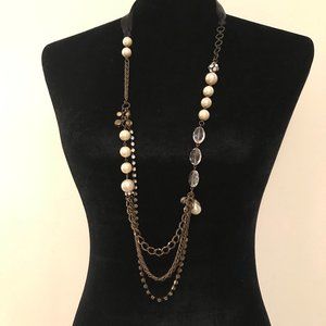 NWOT SATIN RIBBON Necklace Pearl Crystals Gold-36"